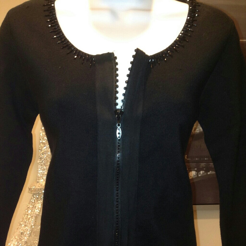 CACHE sweater cardigan black jet crystal zipper - Picture 1 of 7